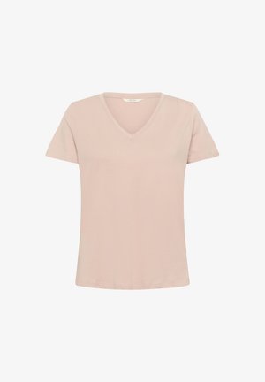 Rövid ujjú V nyakú póló világos rózsaszínben, puha anyagból készült, laza szabással és tiszta, egyszerű mintázattal.