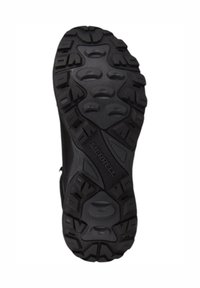 Czarna gumowa podeszwa trekkingowa z teksturowanymi wzorami antypoślizgowymi, na której znajduje się nazwa marki "Merrell". Wzniesione bieżniki zapewniające przyczepność i stabilność.