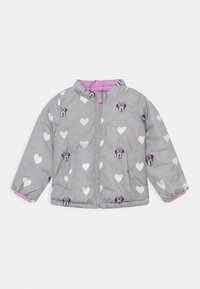 Šedá zateplená bunda s růžovým podšíváním, vzory srdcí a potiskem postaviček. Obsahuje stojáček a elastické manžety. Dvě přední kapsy.