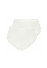 Zwei weiße, hochgeschnittene Damenunterhosen mit Spitzenbesatz am Bund, vor einem weißen Hintergrund präsentiert.