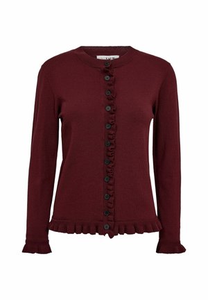 Bordeaux langærmet cardigan med rund hals, sorte knapper foran og flæsekant på ærmer, nederkant og knapstolpe.