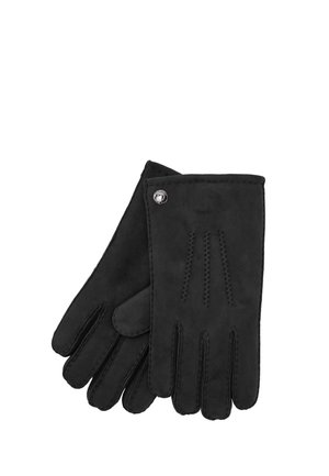 Ein Paar schwarze Wildlederhandschuhe mit dekorativen Nähten auf dem Handrücken und einem kleinen Metallknopf nahe dem Handgelenk, auf weißem Hintergrund dargestellt.