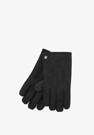 Ein Paar schwarze Wildlederhandschuhe mit dekorativen Nähten auf dem Handrücken und einem kleinen Metallknopf nahe dem Handgelenk, auf weißem Hintergrund dargestellt.