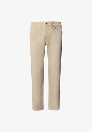 Beežist puuvillast sirgjoonelised püksid, millel on lukuvarras, viis taskut ja peened õmbluselemendid õmbluste ääres.