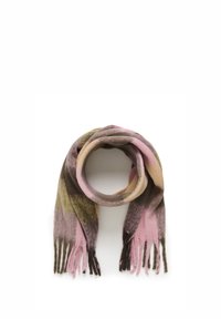 Multifarvet tørklæde i blød uld, med lyserøde, grønne og brune striber og frynser i enderne. Rundt design, let tekstur.