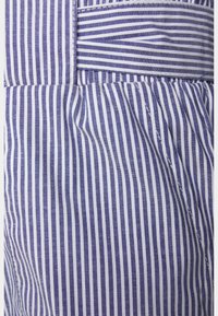 Blue and white striped fabric showing narrow vertical lines, with a slightly textured surface and visible stitching details.