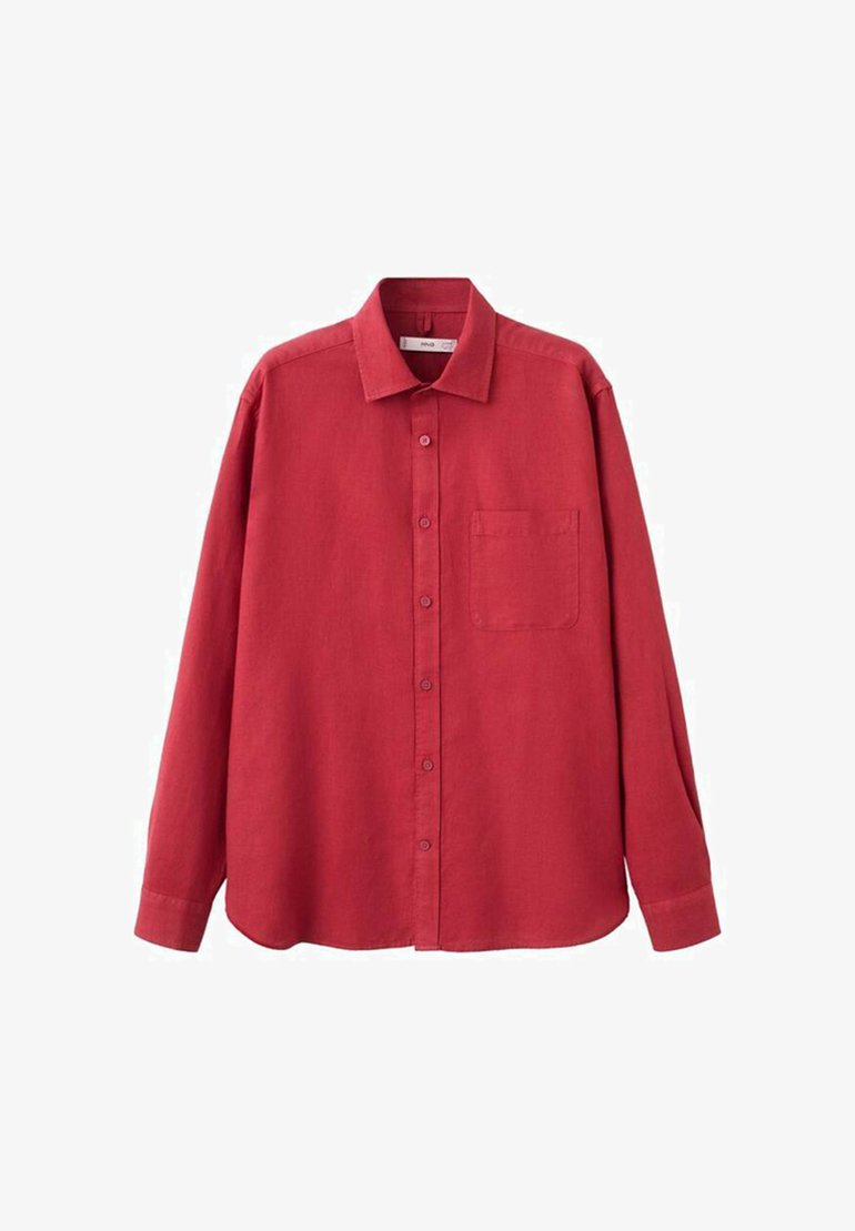 Rotes Hemd mit langen Ärmeln aus Leinenstoff. Verfügt über einen spitzen Kragen, eine Knopfleiste vorne und eine Brusttasche. Glatte Textur, lockere Passform.