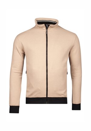 Beige hoodie met een hoge kraag, zwarte rits en boorden, en een gestructureerde stofafwerking. Uitsluitend zijkleppen en een geribde zoom zijn aanwezig.
