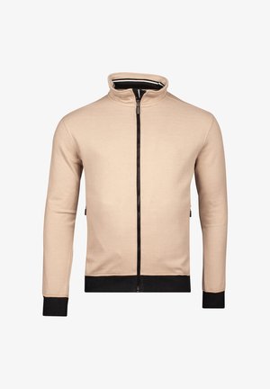 Beige hoodie met een hoge kraag, zwarte rits en boorden, en een gestructureerde stofafwerking. Uitsluitend zijkleppen en een geribde zoom zijn aanwezig.