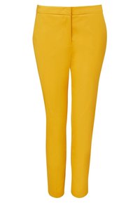 Pantaloni da donna slim-fit, alla caviglia, di colore giallo brillante, con frontale piatto e chiusura frontale nascosta.