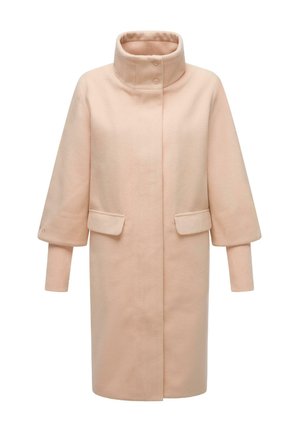 Peach-colored coat made of soft fabric, featuring a high collar, two front pockets, and slightly oversized three-quarter sleeves.