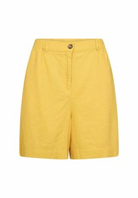 Żółte szorty z lekkiego materiału, z zapięciem na guzik i plisowanym przodem, z elastyczną talią dla wygody.