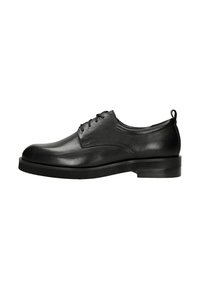 Scarpe da uomo in pelle nera con punta tondeggiante, superficie liscia, allacciatura a quattro occhielli e suola in gomma bassa.