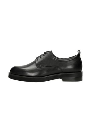 Scarpe da uomo in pelle nera con punta tondeggiante, superficie liscia, allacciatura a quattro occhielli e suola in gomma bassa.