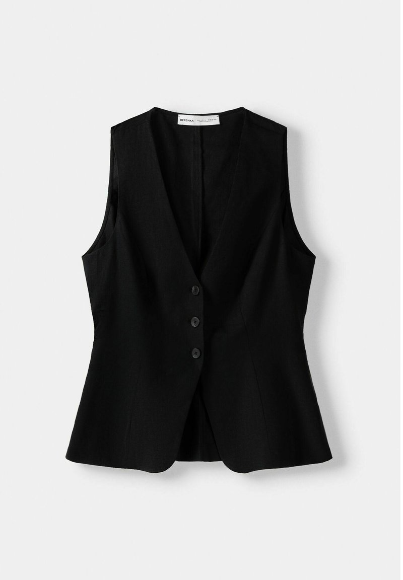 Czarna bezrękawnik z dekoltem w serek, z trzema czarnymi guzikami z przodu i dopasowanym krojem. Materiał wygląda na gładki i sztywny.