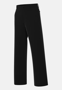 Pantalon noir à coupe droite, fabriqué dans un tissu lisse avec des détails de surpiqûres subtiles et une taille standard.