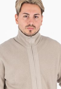 Beige geribbelde trui met een hoge kraag en een half-ritssluiting met een ronde metalen trekker. Verticale lijnen lopen naar beneden aan de voorkant.