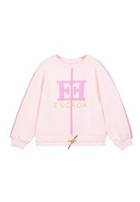 Felpa rosa chiaro con maniche lunghe, cucitura centrale viola, strisce viola sulle maniche, cordino dorato all'orlo e logo "ESCADA" in rosa e oro.