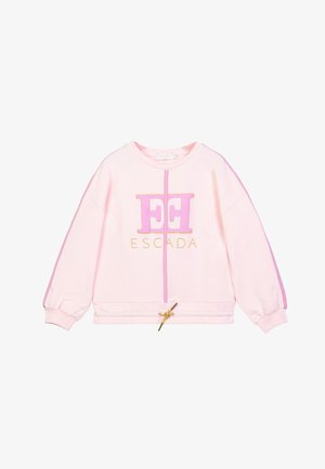 Light pink sweatshirt with long sleeves, purple central seam, purple stripes on arms, gold drawstring at hem, and "ESCADA" logo in pink and gold.