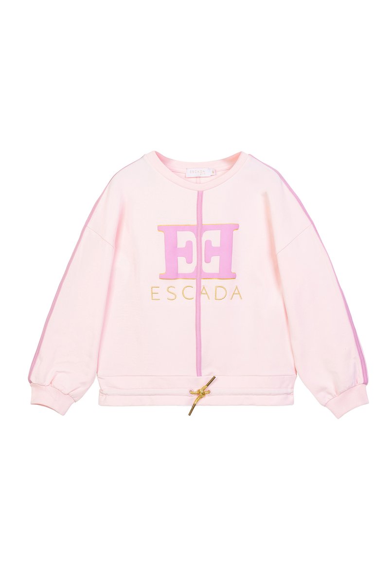 Felpa rosa chiaro con maniche lunghe, cucitura centrale viola, strisce viola sulle maniche, cordino dorato all'orlo e logo "ESCADA" in rosa e oro.