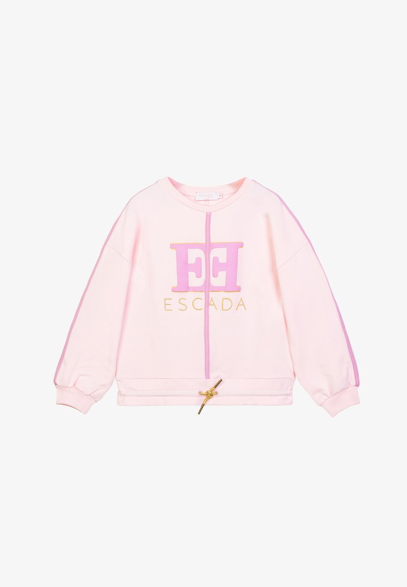 Felpa rosa chiaro con maniche lunghe, cucitura centrale viola, strisce viola sulle maniche, cordino dorato all'orlo e logo "ESCADA" in rosa e oro.