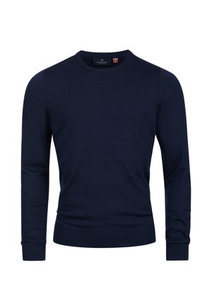 Suéter azul marino hecho de tela de punto suave, con un cuello redondo y mangas largas con puños y dobladillo acanalados. Diseño simple y sin costuras.