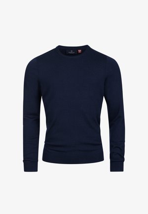 Navyblauer Pullover aus weichem Strickstoff, mit rundem Halsausschnitt und langen Ärmeln mit gerippten Bündchen und Saum. Einfaches, nahtloses Design.