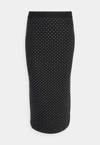 Zwarte kokerrok met kleine witte stippen en een eenvoudige zwarte elastische tailleband, weergegeven op een witte achtergrond.