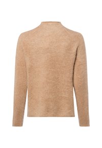 Beige, langwerpige trui van zachte, gestructureerde stof. Heeft een ronde hals en een ontspannen pasvorm zonder zichtbare sluitingen of versieringen.