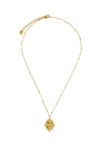 Collana con catena d'oro decorata con un pendente ornato e testurizzato a forma di foglia con disegni intricati. Lunghezza regolabile con chiusura.