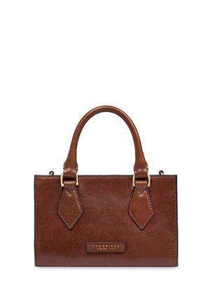 Borsa in pelle marrone con due manici, ferrature dorate e la scritta "The Bridge Firenze 1969" impressa al centro davanti.