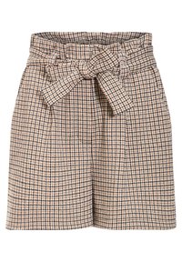 Shorts à carreaux beiges avec taille haute et ceinture à nouer. Ils présentent un tissu texturé avec de petits motifs en checks marron et noir.