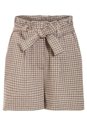 Shorts à carreaux beiges avec taille haute et ceinture à nouer. Ils présentent un tissu texturé avec de petits motifs en checks marron et noir.