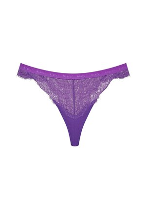 Purple lace thong with a smooth waistband featuring a logo, combining a delicate lace front with a seamless back for a minimalist design.