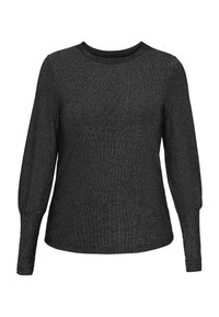 Fekete, hosszú ujjú felső, kerek nyakkal, textúrált anyagból, amely enyhe fényt ad. A hüvelyek összegyűrt mandzsettákkal és testhez simuló kivitelben készült.