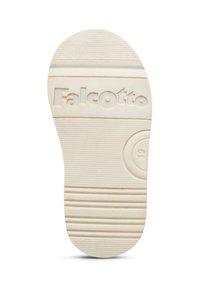 Suola di scarpa in gomma beige chiaro con scanalature orizzontali, marchio tattili "Falcotto" impresso, dettaglio circolare nel tallone, design pulito.