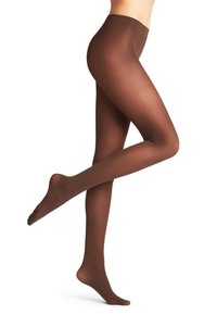 Collants bruns transparents avec une finition lisse, une taille confortable et un design semi-opaque s'étendant jusqu'aux orteils.