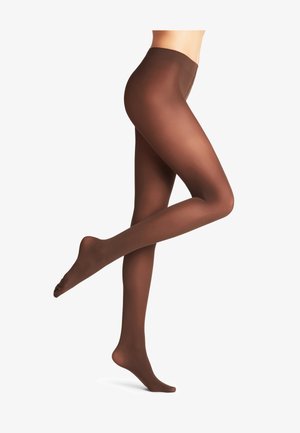 Ruskeat läpikuultavat sukkahousut, joissa on sileä pinta, mukava vyötärö ja puolipaksu muoto, joka ulottuu varpaisiin saakka.