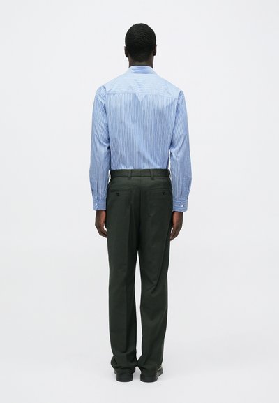 Chemise boutonnée à rayures bleues et blanches avec manches longues, associée à un pantalon vert foncé. Texture lisse, col standard, et détail visible à l'arrière.