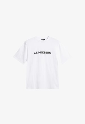 Witte katoenen t-shirt met korte mouwen, voorzien van een opvallende zwarte "J.LINDEBERG" logo tekst over de borst. Eenvoudig ontwerp, ronde hals.