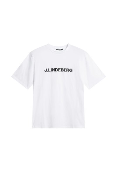 Valge puuvillane T-särk lühikeste varrukatega, mille rinnal on silmapaistev must "J.LINDEBERG" logo tekst. Lihtne disain, ümar kaelus.