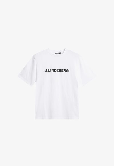 Vit bomullströja med korta ärmar, med en iögonfallande svart "J.LINDEBERG" logotext över bröstet. Enfärgad design, rundad hals.