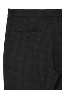 Schwarze maßgeschneiderte Hosen aus strukturiertem Stoff, mit einer Gesäßtasche mit schwarzem Knopf und einem taillierten Design am Bund.