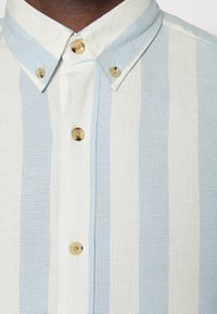 Camicia button-up a righe blu chiaro e bianche, con colletto classico, bottoni beige e tessuto di cotone texturizzato.