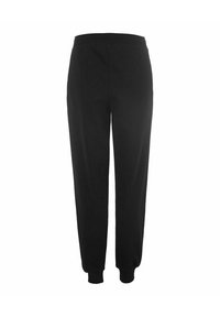 Pantalones de chándal negros con un ajuste relajado, tobillos ajustados, cinturilla elástica y textura de tela suave. Diseño minimalista; sin patrones visibles.