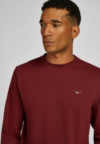 Bordeaux langemouwen crewneck shirt van gladde stof, met een klein geborduurd logo in blauw, wit en rood op de borst.