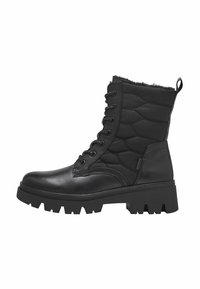Zwarte veterschoenen tot de enkel met een glad leren en gequilt ontwerp, behaaglijke voering van textuurvacht en een chunky rubberen zool met een uitgevoerd profiel.