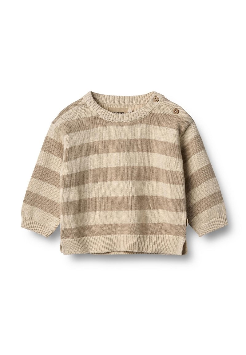 Beige tröja med ljusbruna horisontella ränder, ribbad krage och manschetter, med två knappar på axeln för att underlätta påklädning.