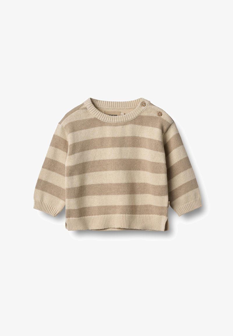 Pull beige avec des rayures horizontales marron clair, col et poignets côtelés, doté de deux boutons à l'épaule pour un enfilage facile.