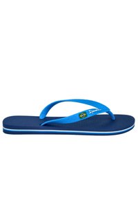 Infradito blu con plantare testurizzato e cinturini blu. Presenta un logo della bandiera brasiliana e righe bianche lungo la suola.